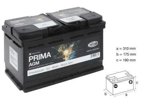 Akumulator Prima AGM 12V-80Ah 800A, idealny do BMW E60 530d. Wymiary: 310x175x190 mm.