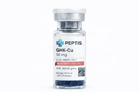 Szklana fiolka z granulkami peptydów miedziowych GHK-Cu, 50 mg. Przeznaczona do badań.