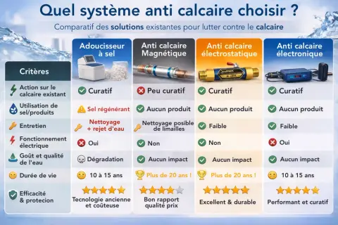 Comparatif des systèmes anti-calcaire. Mon adoucisseur ne consomme plus de sel, mais les alternatives électrostatiques et électroniques sont aussi efficaces.