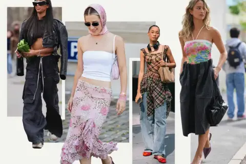 Moda lat 2000: skórzana kurtka, szerokie spodnie cargo, kwiecista spódnica, krata i kolorowy top.
