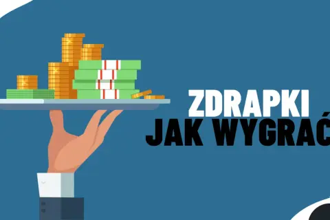 Dłoń podaje tacę z pieniędzmi i monetami. Napis "ZDRAPKI JAK WYGRAĆ?".