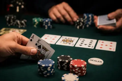 Gracz trzyma asa i króla, gotów do gry. Na stole leżą karty i żetony, a dealer czeka na ruch.