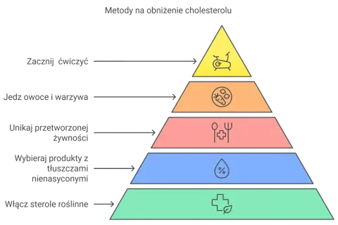 Piramide zdrowego żywienia z ikonami: ćwiczenia, owoce, przetworzona żywność, tłuszcze, sterole roślinne.