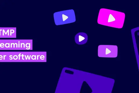 Best RTMP live streaming encoder software, with playful play buttons scattered across a dark purple background.