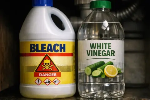 Bouteille de javel et de vinaigre blanc. Attention aux dangers de l'inhalation chlore symptômes.