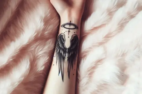Un tattoo angel minimalista con alas y aureola en la muñeca, sobre un fondo de peluche rosa.