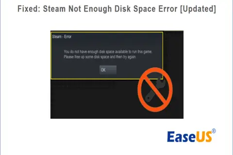 Komunikat błędu Steam o braku miejsca na dysku z ikoną przekreślonego klucza.