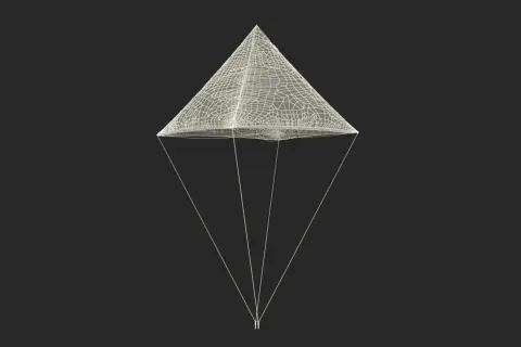 Drahtmodell eines pyramidenförmigen Fallschirms, inspiriert von Leonardo da Vincis Entwürfen.