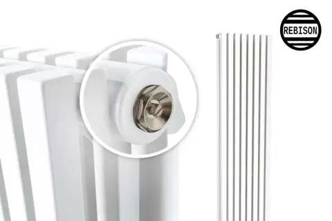Biały grzejnik rewersyjny z widocznym zaworem. Logo REBISON.