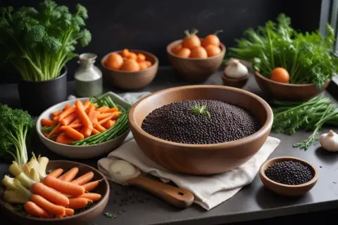 En stor skål med belugalinser, redo för ett gott recept. Bredvid finns morötter, gröna bönor och färska örter.