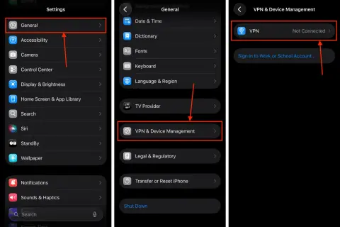 Ekran iPhone z ustawieniami: General, VPN & Device Management. Aktualizacja iPhone może wymagać sprawdzenia tych opcji.