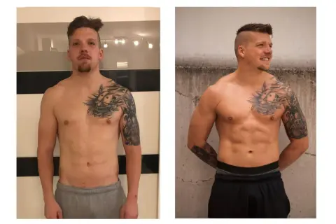 Mann mit Tattoos zeigt beeindruckende Body Recomposition: mehr Muskeln, weniger Fett.