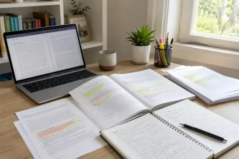 Biurko z laptopem, otwartymi książkami i notatkami. Student przygotowuje się do pisania pracy magisterskiej, zastanawiając się nad liczbą pozycji w bibliografii.