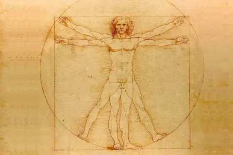El hombre de Vitruvio, un estudio de proporciones humanas idealizadas, se muestra dentro de un círculo y un cuadrado.