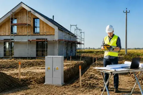 Budowa domu, pracownik w kamizelce odblaskowej sprawdza dokumenty. W tle skrzynka elektryczna i słup energetyczny, planowane zwiększenie mocy przyłączeniowej Tauron.