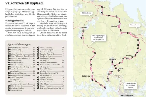 Här är en karta över Upplandsleden, som visar vandringssträckor och platser som Gävle, Uppsala och Stockholm.