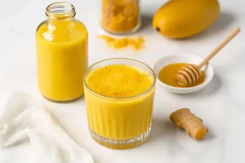 Un verre et une bouteille de smoothie gingembre, avec du miel, du curcuma et un morceau de gingembre frais.