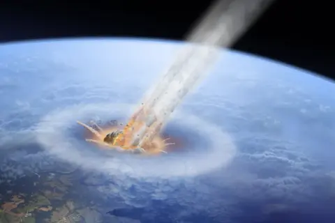 Potężna asteroida rozpadająca się w atmosferze Ziemi, wywołując eksplozję i kaskadę odłamków.