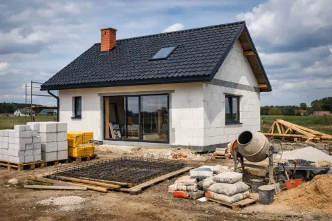 Budowa domu w toku: beton, pustaki, cement i zbrojenie. Zastanawiasz się, ile kosztuje budowa domu?