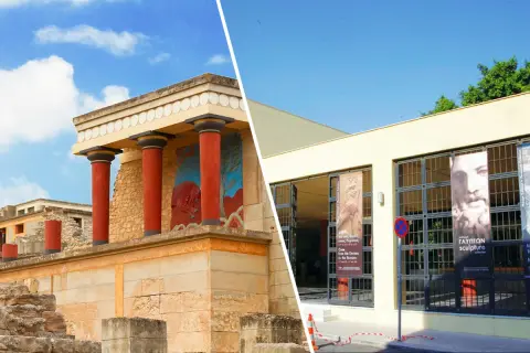 Ruiny pałacu w Knossos z czerwonymi kolumnami i freskiem byka, obok nowoczesnego budynku z banerami wystawy rzeźby.