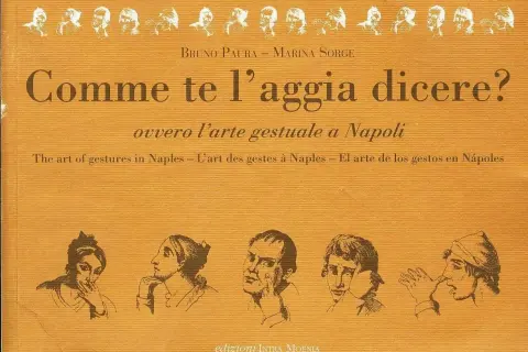 Copertina libro "Comme te l'aggia dicere?" con disegni di volti e mani, che illustrano esclamazioni in napoletano.