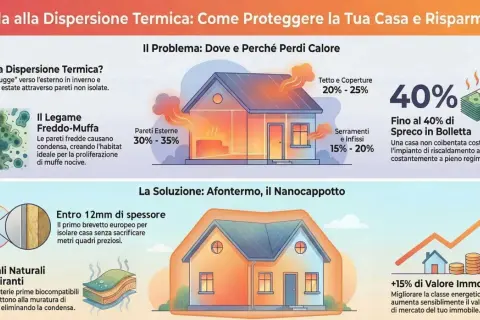 Illustrazione che mostra la dispersione termica in una casa, con soluzioni per migliorare l'isolamento e il valore immobiliare.