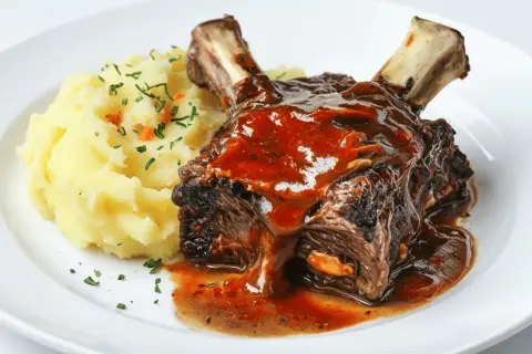 Costilla de ternera al horno, jugosa y cubierta de salsa, servida con puré de patatas cremoso y decorada con perejil fresco.