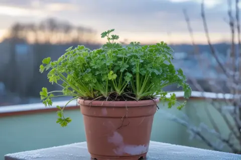Un vaso di prezzemolo rigoglioso sul balcone, con brina che decora il davanzale. La semina prezzemolo è un successo, nonostante il freddo.