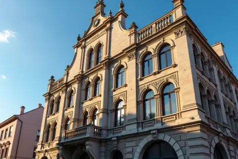Elegancki budynek z ryzalitem, ozdobiony łukowymi oknami i balkonem, lśni w słońcu.