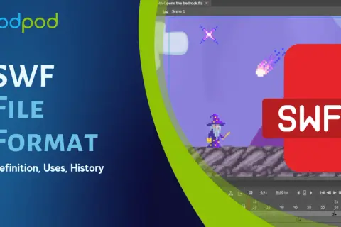 A wizard in a pixelated game world, with a large red SWF file icon overlayed. The text "SWF FILE FORMAT" is prominent.