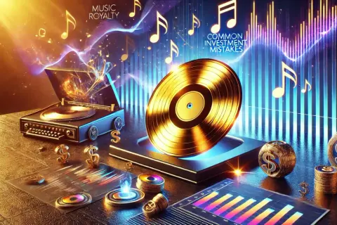 A golden vinyl record and turntable symbolize music royalty, with dollar signs and charts hinting at investment opportunities and common mistakes.