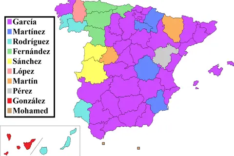 Carte de l'Espagne montrant la répartition géographique de noms comme García, Martínez, Rodríguez, Fernández, Sánchez, López, Martín, Pérez, González et Mohamed, un prénom espagnol.
