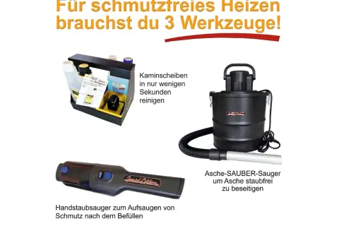 Drei Werkzeuge für sauberes Heizen: Asche-SAUBER-Sauger zur staubfreien Entsorgung, Handstaubsauger und Reinigungsset für Kaminscheiben.
