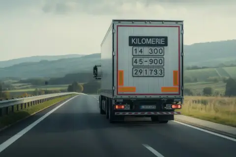 Un camion 44t sur une route de campagne. La plaque indique "Kilometrie" avec des chiffres, suggérant une longue route et une consommation importante.