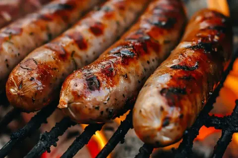 Soczysta kiełbasa z grilla, rumiana i pachnąca, piecze się nad ogniem. Idealna na letnie wieczory.