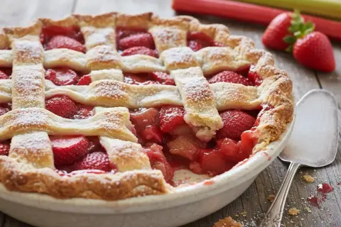 Tarte aux fraises et rhubarbe, une recette estivale parfaite. La pâte dorée cache un mélange fruité et acidulé, saupoudré de sucre glace.