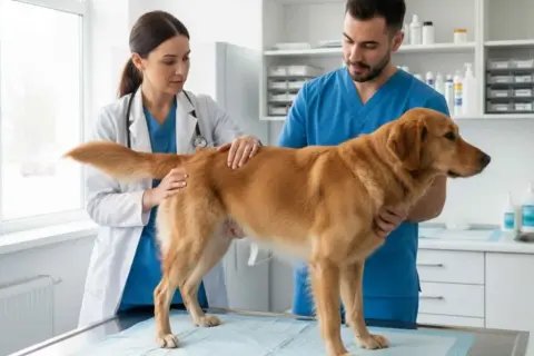 Veterinarios examinan a un perro con el ano irritado. Le ponen una crema para aliviarlo.