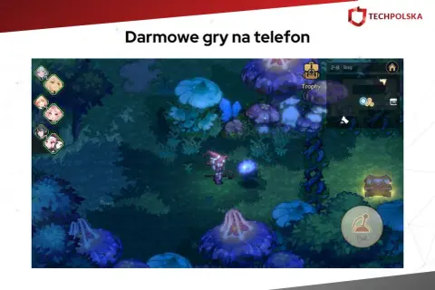 Zrzut ekranu z gry mobilnej w stylu anime, przedstawiający postać czarodziejki w lesie z grzybami.