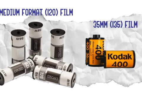 A roll of Kodak 400 35mm film sits next to several exposed medium format 120 film rolls, showing what 35mm film looks like.
