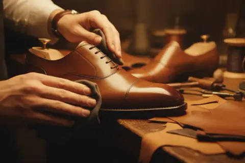 Mains polissant une chaussure en cuir marron, un savoir-faire artisanal pour cirer chaussures et leur redonner éclat.