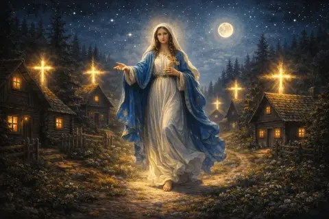 Nocna wizja: Matka Boska w bieli i błękicie, z krzyżem, idzie przez wieś. W tle księżyc, gwiazdy i krzyże nad domami. Jak pieśń czarna madonna - tekst.