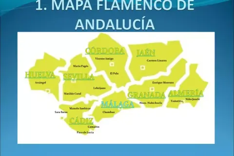 Mapa flamenco de Andalucía con palos del flamenco por provincias, mostrando artistas como Camarón en Cádiz y María Pagés en Sevilla.