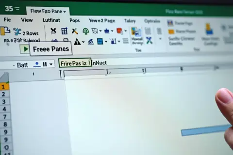 Jak zablokować wiersz w Excelu? Kliknij "Freee Panes" w menu Widok, aby zamrozić wiersze i kolumny.