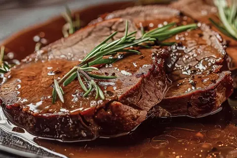 Saftige Scheiben Sauerbraten in dunkler Sauce, garniert mit Rosmarin. Die perfekte Temperatur für diesen Klassiker ist entscheidend.