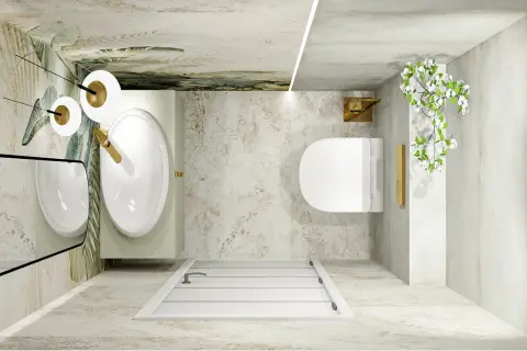 Eleganckie, bardzo małe wc aranżacje: umywalka, toaleta, prysznic i lustro w łazience z motywem tropikalnym.