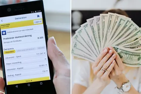 En mobiltelefon visar en pågående deklaration. Bredvid syns en person som håller upp en solfjäder av dollarsedlar, kanske för att visa att deklarationen 2026 kommer att ge en fin återbäring.