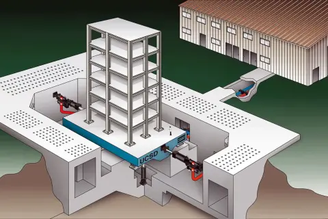Illustrazione di un sistema di costruzione antisismica con un edificio a più piani su una piattaforma mobile, ammortizzatori e un edificio adiacente.