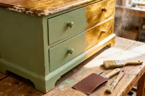 Un meuble ancien customiser, en cours de restauration, avec des outils de peinture et de ponçage.