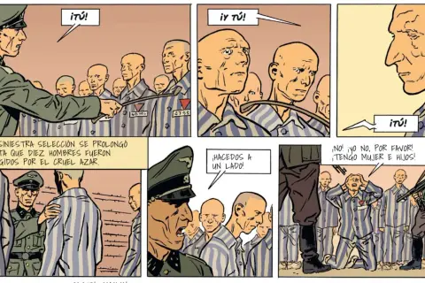 Komiks o Maksymilianie Kolbe: selekcja w obozie. Ciekawe, jak wyglądała jego ofiara.