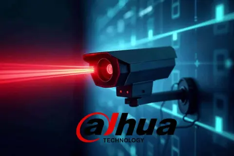 Caméra de surveillance Dahua Technology émettant des faisceaux rouges, sur fond bleu numérique.